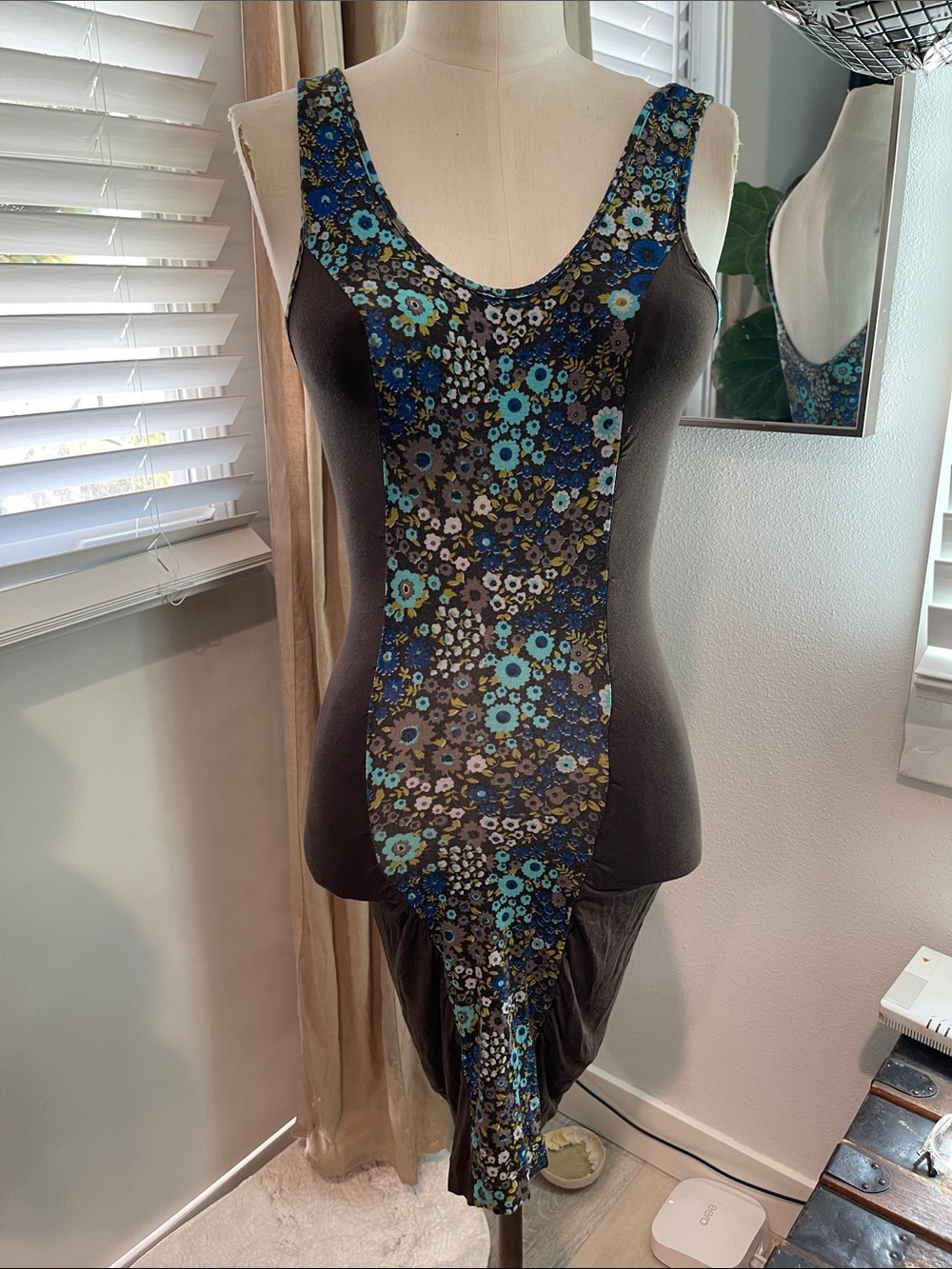 Free People Body-con Floral Panel Scoop Neck Women's Dress in Black and Blue